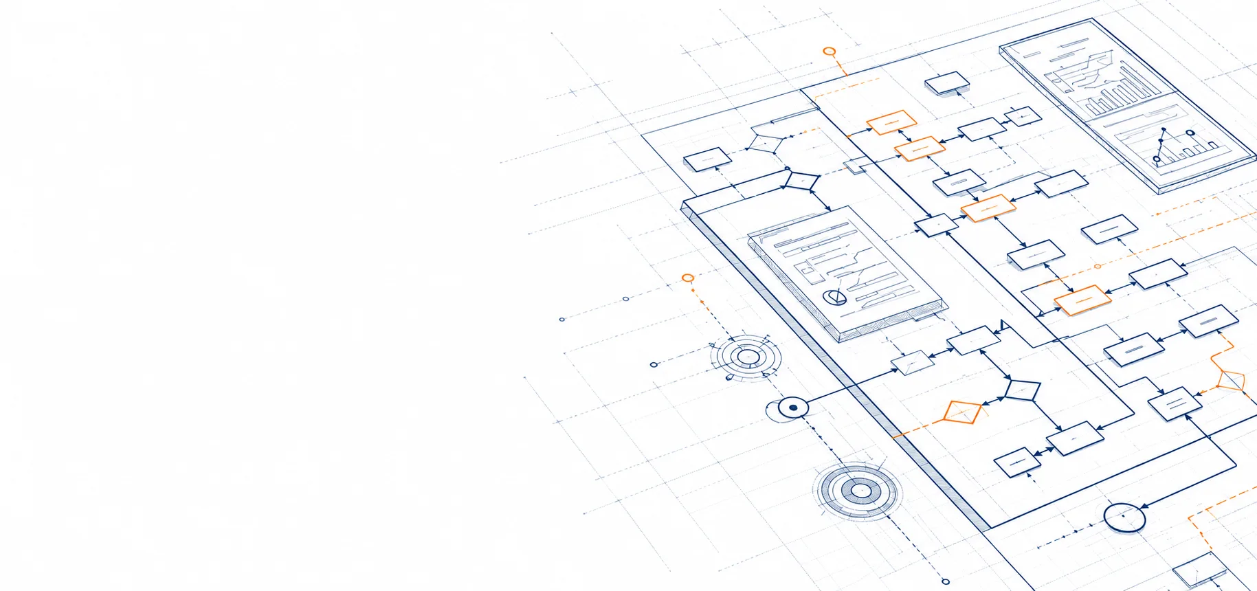 Sketch of a process map with connected stages, decisions and information flows.