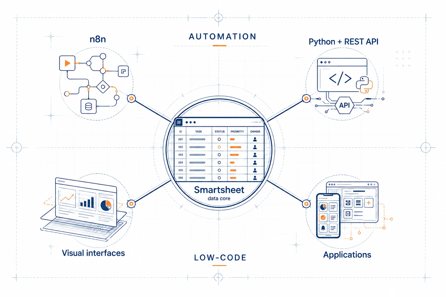 OpsCore diagram: Smartsheet as the data core, surrounded by automation (n8n, Python + REST API) and low-code tools (visual interfaces and applications)